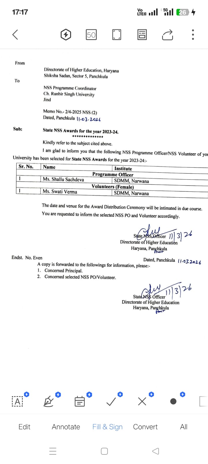 State NSS Awards  2023-24 के लिए एस डी महिला महाविद्यालय, नरवाना की  कार्यक्रम अधिकारी डॉ. शालू सचदेवा तथा  स्वयंसेविका सुश्री स्वाति वर्मा का चयन किया गया